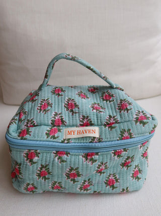 The Haven Cosmetic Bag - Turquoise with Pink & Green Floral